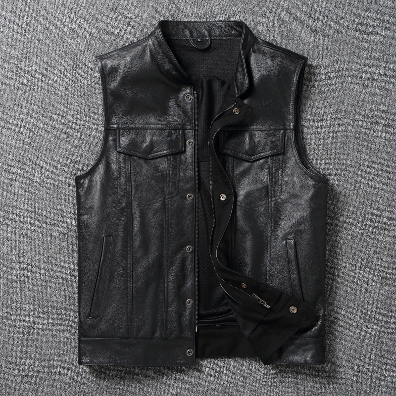 Chaos Sons Pure Leather Motorcycle Vest Harley Men's Genuine Leather Riding Vest Motorcycle Leather Waistcoat Trendy