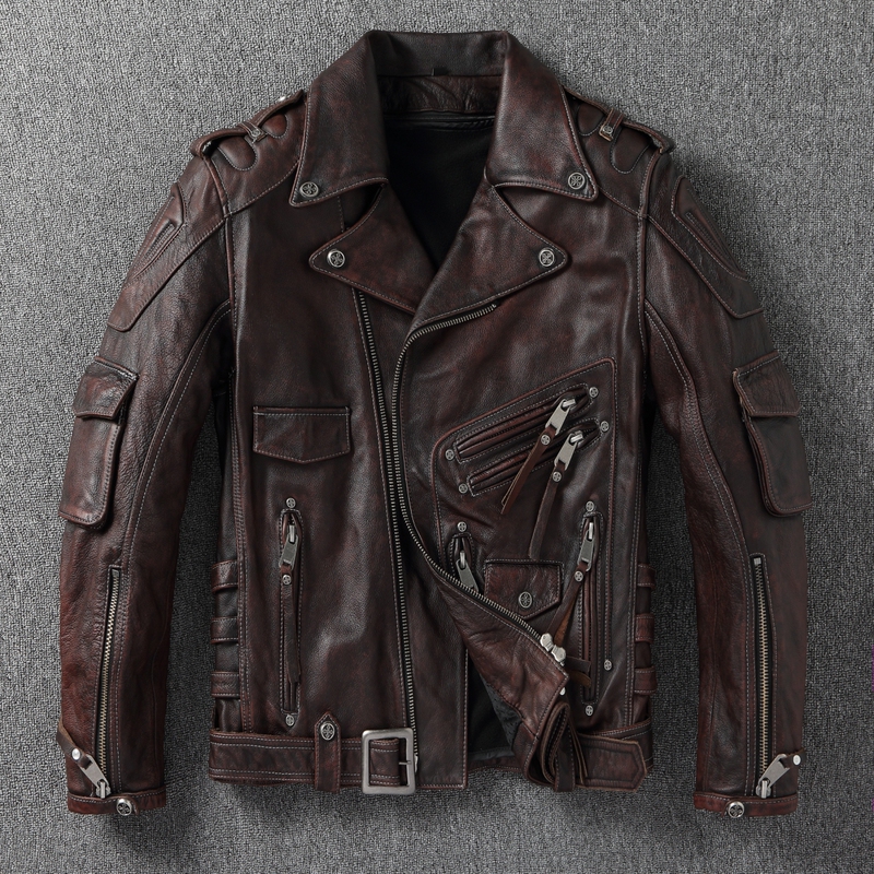 First-Layer Cowhide Genuine Leather Jacket for Men, Heavy-Duty Motorcycle Jacket with Removable Liner and Optional Protective Gear, Short Style