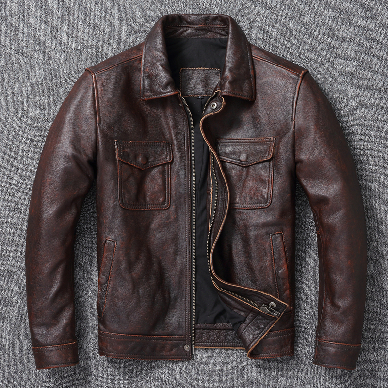 Factory Direct Sales New Style Amekaji First-Layer Cowhide Genuine Leather Jacket Men's Motorcycle Retro Distressed Leather Jacket Coat