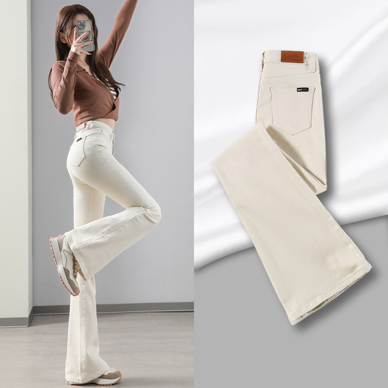 Off-White Flared Jeans for Women, Spring and Autumn 2026, Autumn and Winter, Fleece-Lined, High-Waisted, Slimming, Petite, Drapey Bell-Bottom Pants