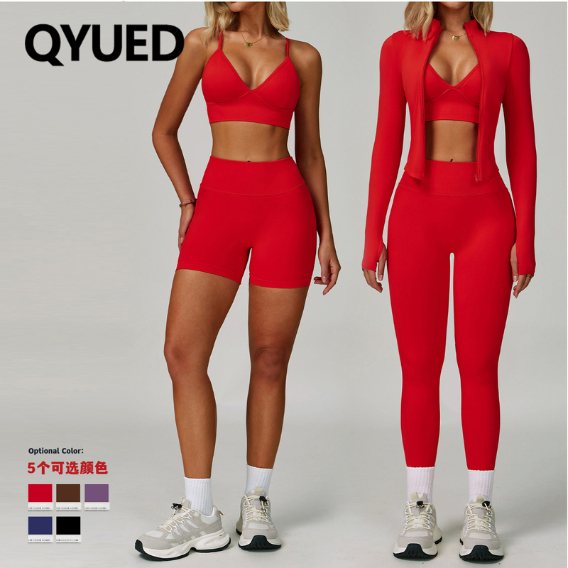 Cross-Border Seamless Tight-Fitting Yoga Suit, Waist-Slimming, Quick-Drying Fitness Clothing, Outdoor Running Sports Three-Piece Set, Elastic