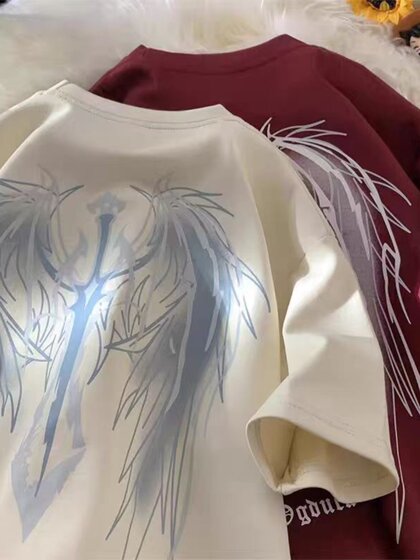 vibe美式高街短袖t恤男夏季复古设计感大翅膀纯棉半袖情侣装上衣