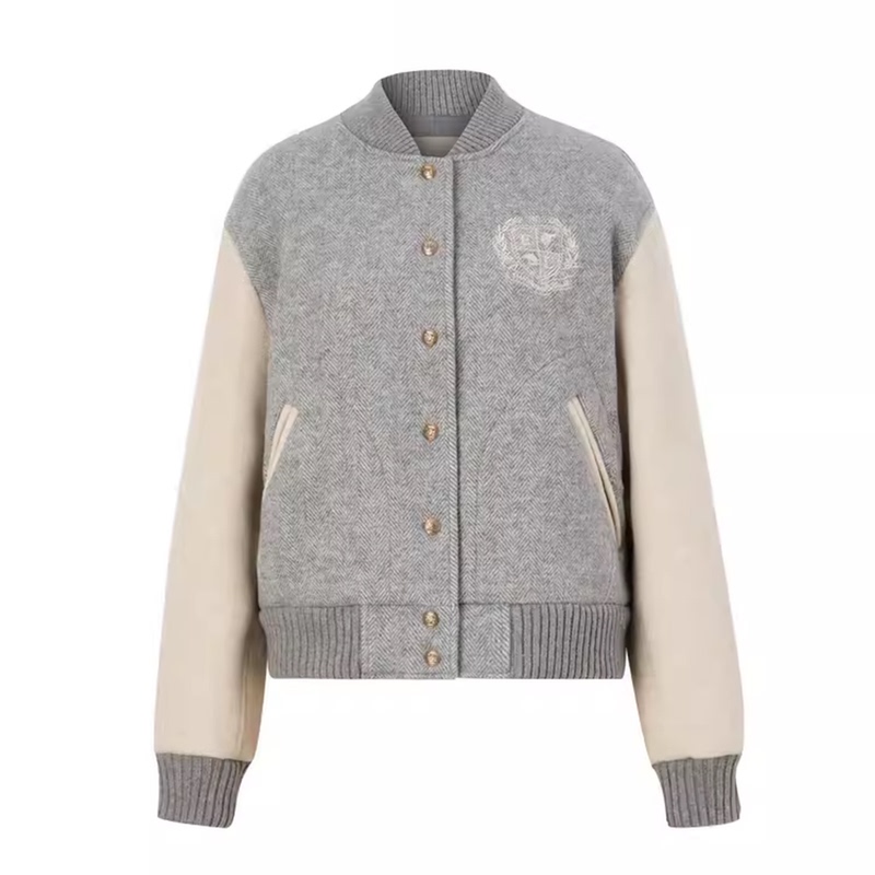 92% Wool Woolen Jacket Women's Herringbone Pattern Nostalgic Retro College Sports Style Baseball Jacket 24 Winter New Style