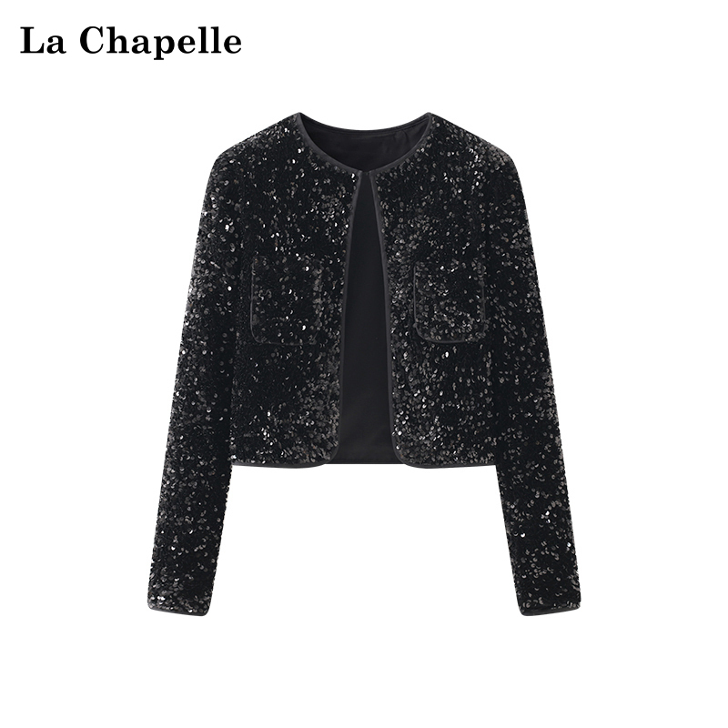 La Chapelle Design-Inspired Casual Black Round-Neck Padded Shoulder Hook-Button Velvet Sequin Cardigan Short Jacket for Women, New Style