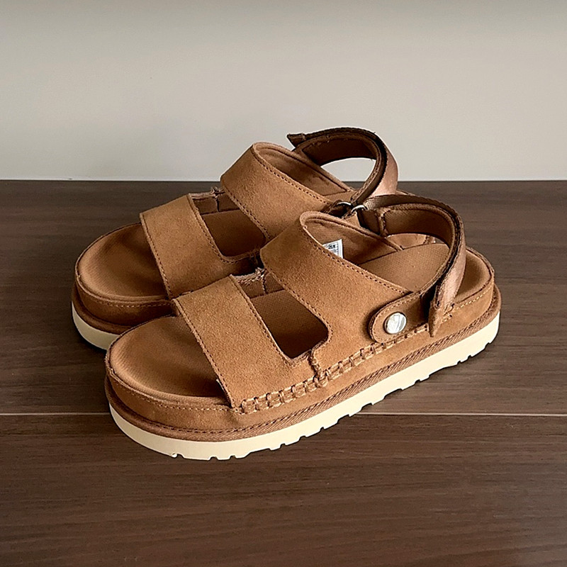 Sangpo's New Spring and Summer Leather Thick-Soled Two-Strap Slippers, Casual Sandals for Women, Versatile Slip-On Sandals with Velcro Fasteners