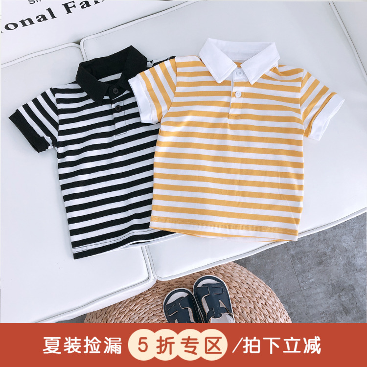 Baby turned leader striped T-shirt pure cotton boy baby polo shirt short sleeve summer boy blouses Korean version summer dress damp