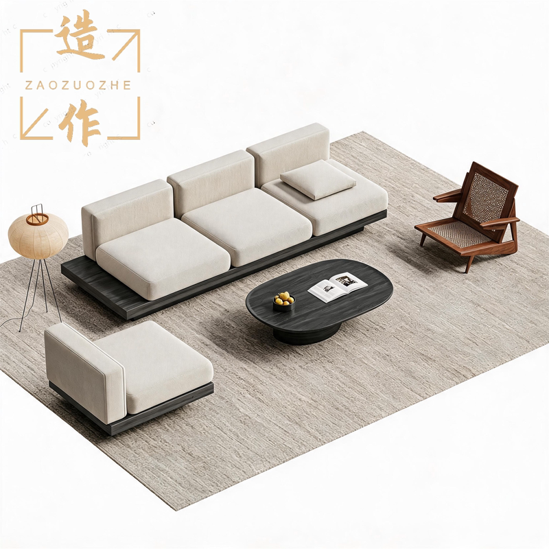 Wabi-Sabi Style Homestay Solid Wood Sofa Set Hotel Guest Suite Cafe Reception Rest Area Booth Sofa
