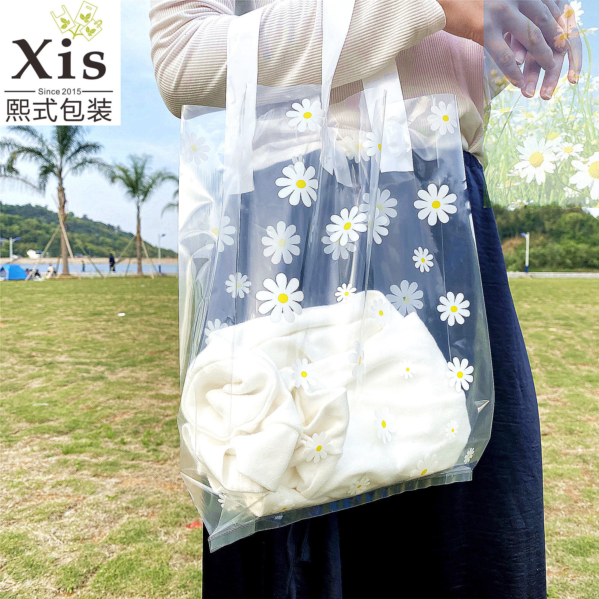 Small Fresh Transparent Daisy Handbag Plastic Fashion Clothing Shop Shopping Bag Tennis Red Clothes Packing Bag Gift Bag