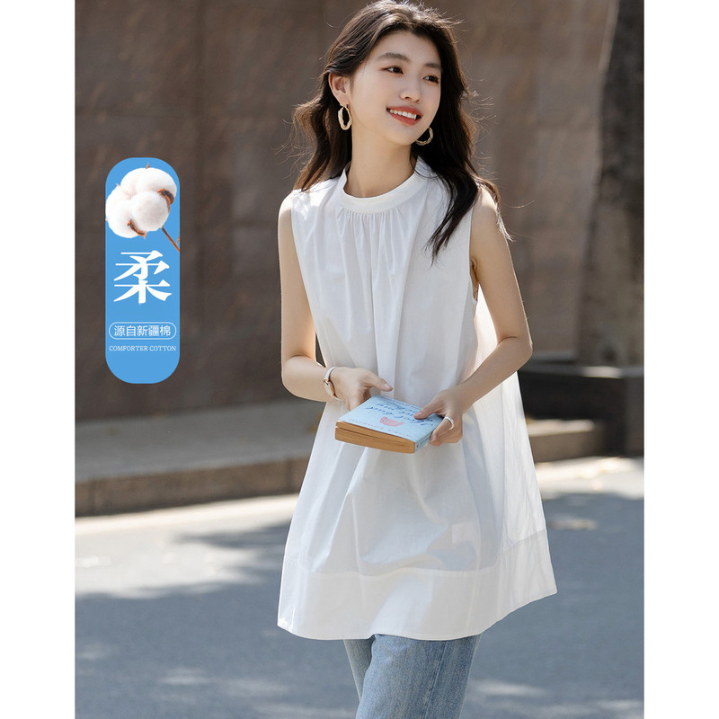Outlet Brand Discount Export Stand-Up Collar Pleated Sleeveless Hidden Flesh Shirt Women's Top Delicate Cotton Poplin Outlet Brand Discount Export Stand-Up Collar Pleated Sleeveless Hidden Flesh Shirt Women's Top Delicate Cotton Poplin
