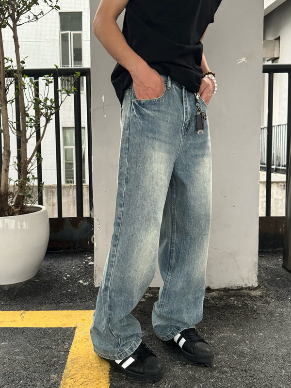 American Lightning Pattern Vintage Jeans for Men and Women, Loose Straight Wide-Leg Cleanfit Floor-Length Jeans