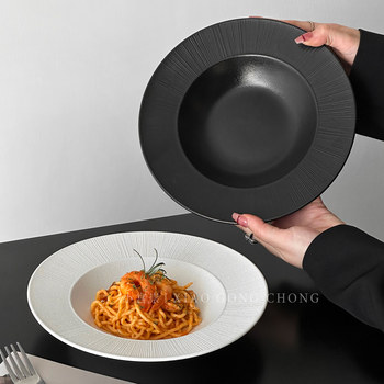 ແຜ່ນ pasta ceramic ຊັ້ນສູງ, ສີຂາວແສງສະຫວ່າງຟຸ່ມເຟືອຍຈານອາຫານຕາເວັນຕົກ, ຈານແກງສ້າງສັນ, ແຜ່ນສະຫຼັດເລິກ, ແຜ່ນຫມວກເຟືອງ
