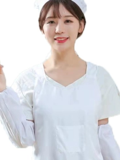 的确良白色纺织厂挡车工围裙女工作服帽袖套粉色定制加工广告印字