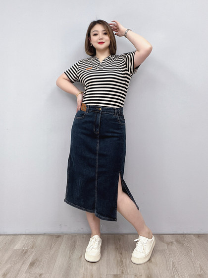 高腰牛仔半身裙女2025春夏装新款大码胖mm宽松显瘦百搭开叉a字裙