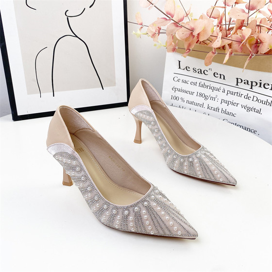 希希家国风婚鞋时尚水钻浅口细跟后踩礼服宴会伴娘鞋B835-ES6
