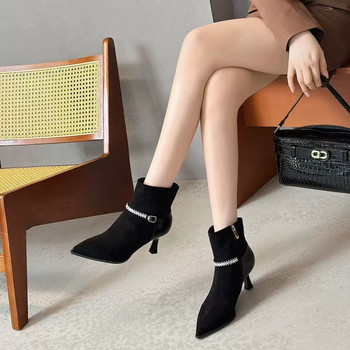 French side zipper fashion women's boots stiletto pointed toe temperament socialite winter suede boots black 998-17