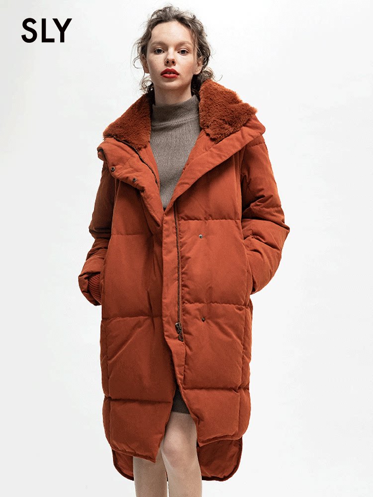 SLY winter new front short after long side fork casual loose long down jacket women 030CAW30-0280