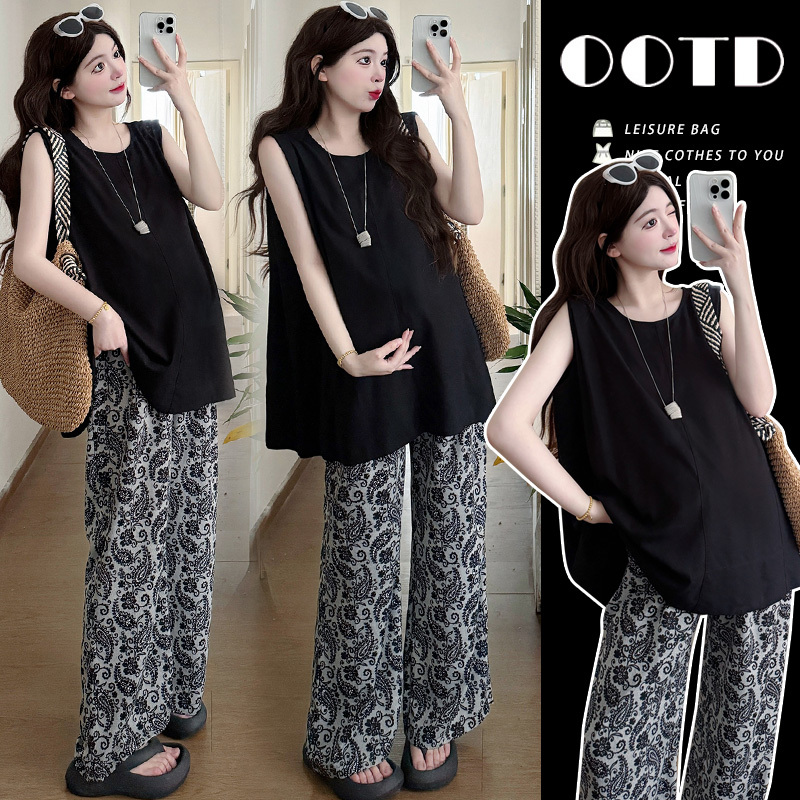 Maternity Wide-Leg Pants Set Summer Backless Sleeveless Babydoll Top + Floral Casual Pants Two-Piece Set