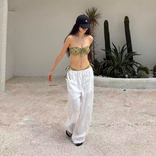 复古老钱风印花抹胸绑带聚拢比基尼搭配长裤度假温泉辣妹性感泳衣