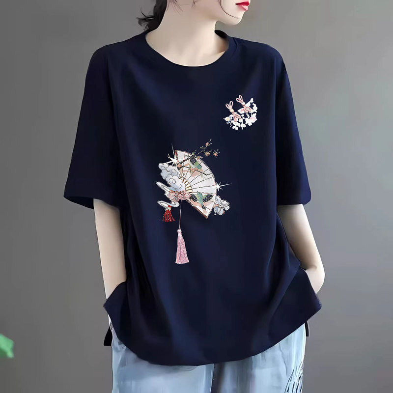 Pure Cotton Short-Sleeve T-Shirt for Women, 2026 New Summer Navy Blue Top, Versatile Loose-Fitting Printed Half-Sleeve T-Shirt, Oversized