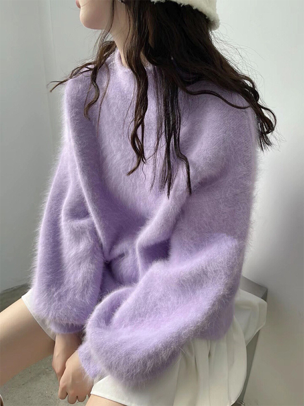 Elegant and Romantic Purple Sweater for Women, Lazy Style, Half-High Collar Pullover, Lantern Sleeves, Mink Velvet Knit Top