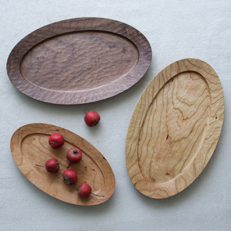 Yumu | Cherry Wood Japanese-Style Handmade Tray Solid Wood Household Baking Tray Whole Wood Purely Hand-Carved Tea Tray