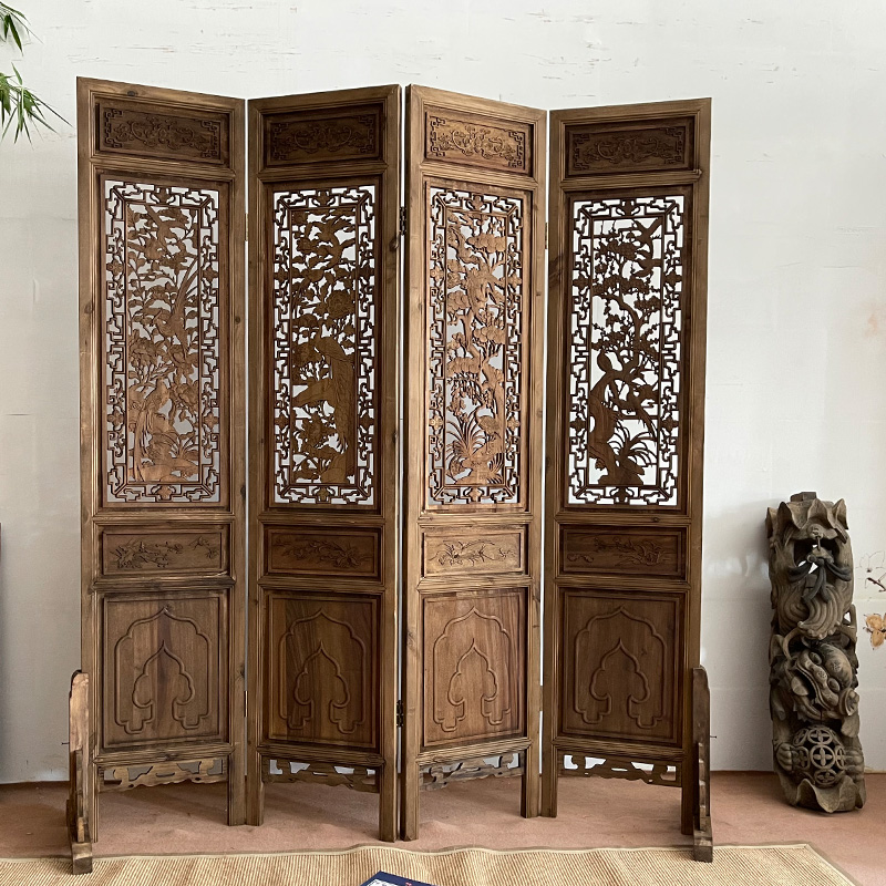 Ancient wind folding screen partition living room Chinese antique sculpted old hollow carving moving solid wood mask background