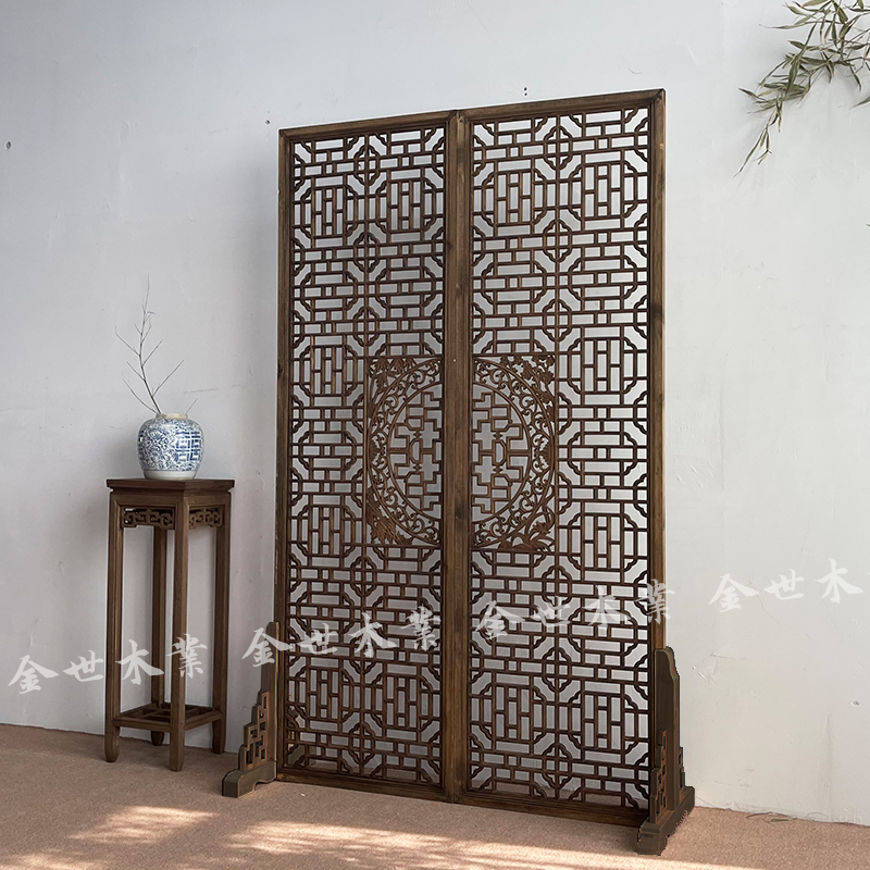 Hehe window antique old insert screen camphor wood flower grid hollow Hollow mobile screen partition Chinese decoration Dongyang wood carving
