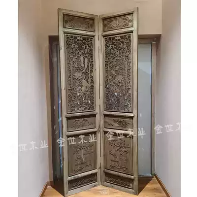 Dongyang wood carving antique folding screen made old hollow carved eight fairy doors and windows new Chinese solid wood partition living room