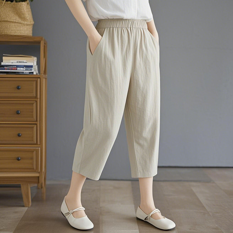 Summer Thin Cotton and Linen New Plus-Size Women's Cropped Pants Casual Pants for Plus-Size Women High-Waisted Loose Slimming Harem Pants Trendy