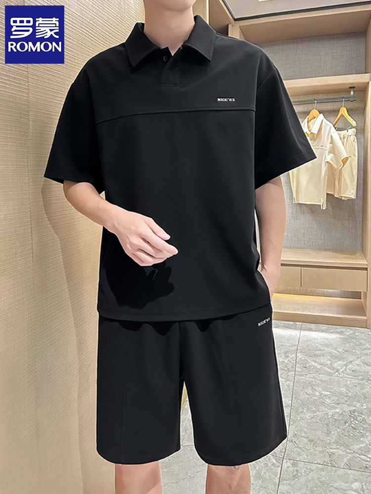 <!--罗蒙潮男时尚帅气翻领POLO衫短袖短裤套装夏季纯色凉感运动装t恤-->