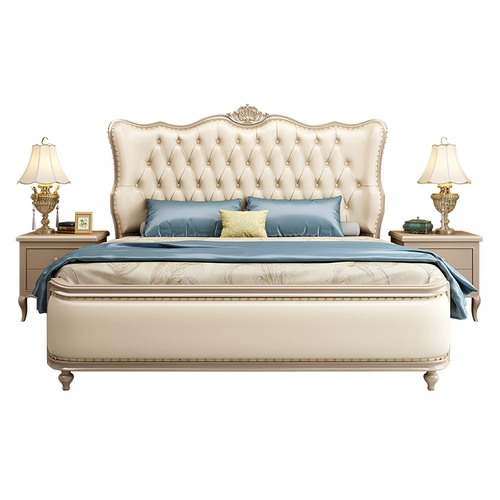 Американская легкая роскошная кровать с твердым деревом французская 1,8 м Современная минималистская кожаная двойная европейская спальня 2 × 2,2 метра кожаная кровать