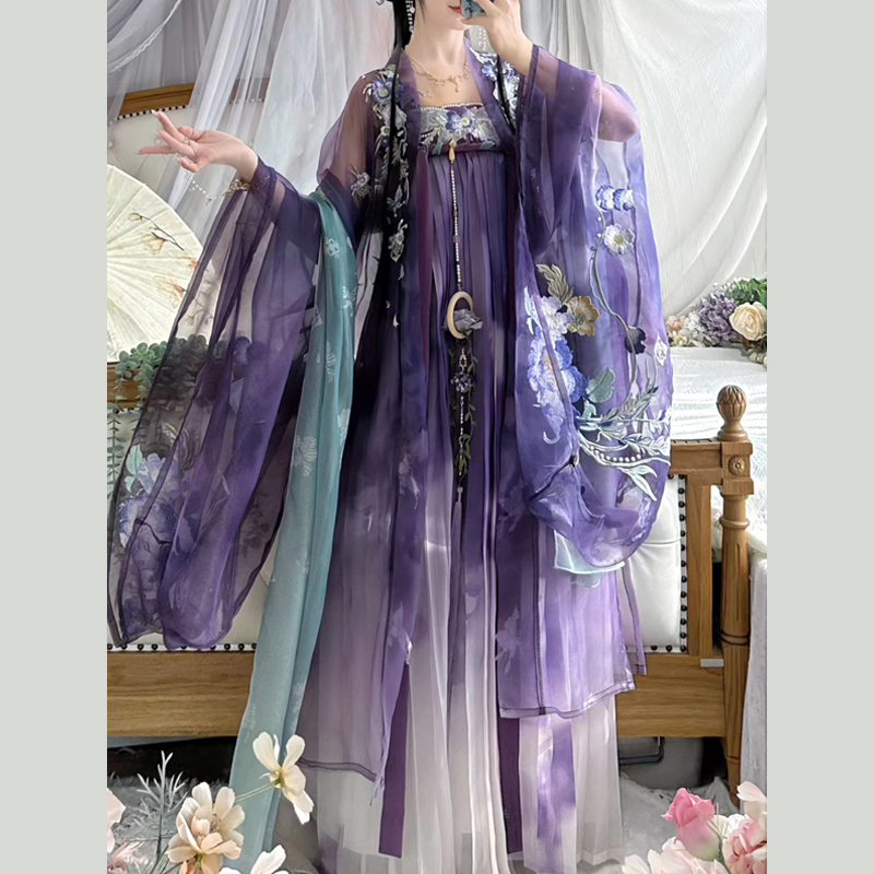 Tang Xian Ge's Original Hanfu Dress for Women, Tang-Style Chest-Length Skirt with Heavy Embroidery, Large-Sleeved Shirt, Spring/Summer Edition