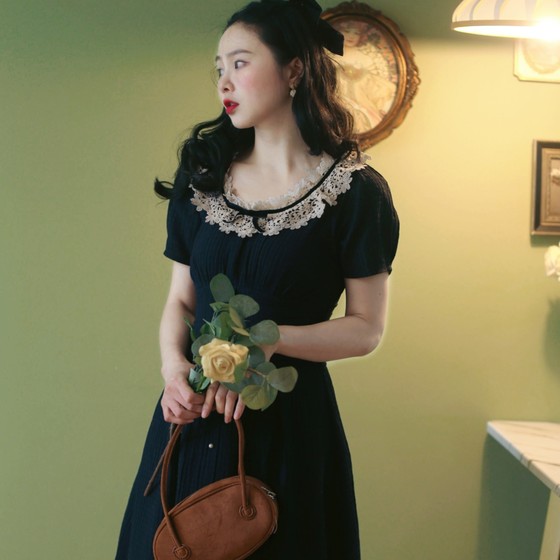 Rondo Independence Day 2024 Summer Retro Lace French Sweet Little Black Dress Slimming Original Dress