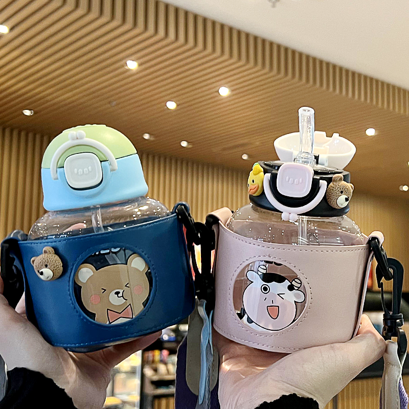 Cartoon water glass high face value female portable anti-fall student large belly cup children's cup out for home drinking straw cup