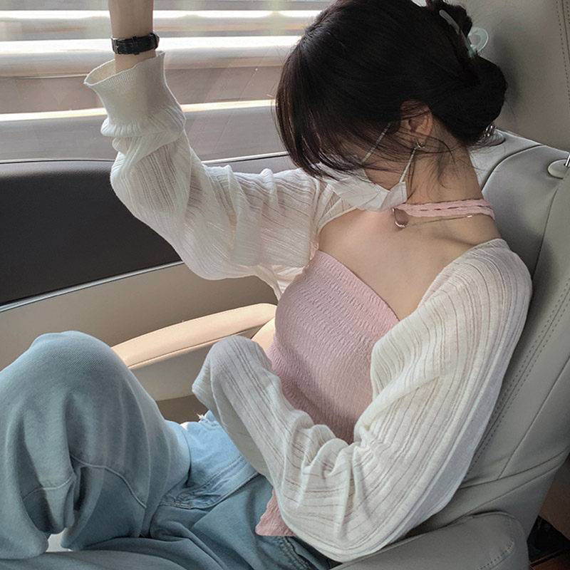 Ice silk knitted sunscreen cardigan women's thin summer shawl outside with short blouse white French small shoulder jacket