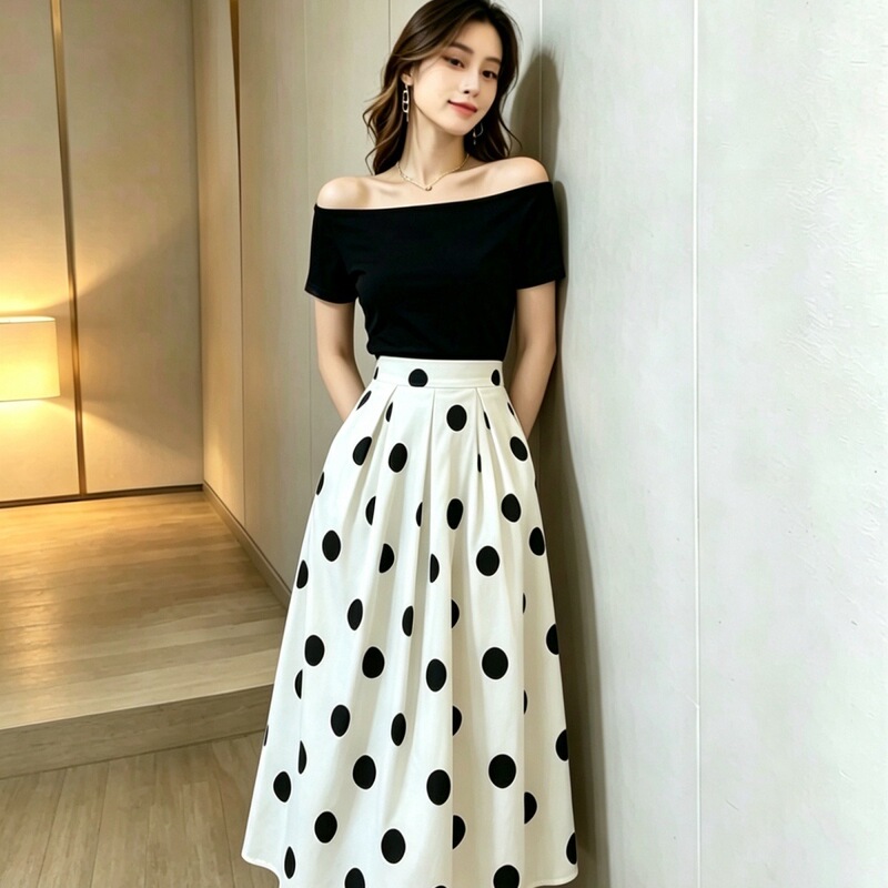 Official Website Real Shot of French Retro Hepburn-Style Elegant High-Waisted Slimming Polka Dot Skirt and Top Two-Piece Dress Set