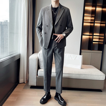 Light mature wind double-breasted suit design sense mens jacket loose Korean version of Tide brand net red Street casual suit