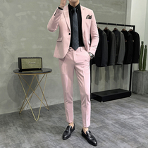 Light mature wind Ruffian handsome bridegroom wedding suit male senior pink suit two-piece business suit casual coat