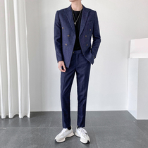 Light cooked high-end casual suit suit suit men Korean version of slim handsome groom wedding double-breasted suit two-piece suit