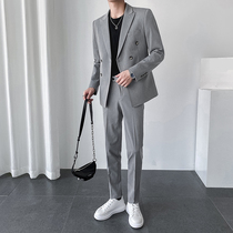 Light mature wind double-breasted suit suit suit mens handsome senior sense youth casual suit jacket Korean slim autumn suit