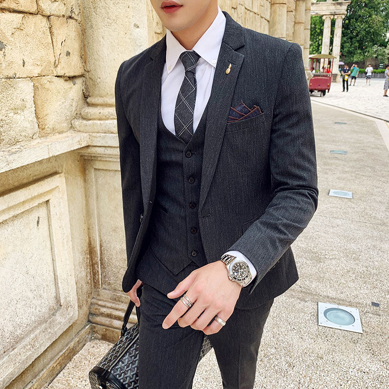 2021 summer suit suit men's three-piece youth Korean version slim groom wedding dress Casual student suit