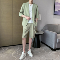 South Korea summer new collarless suit suit men loose casual temperament gentleman Korean thin suit two-piece suit
