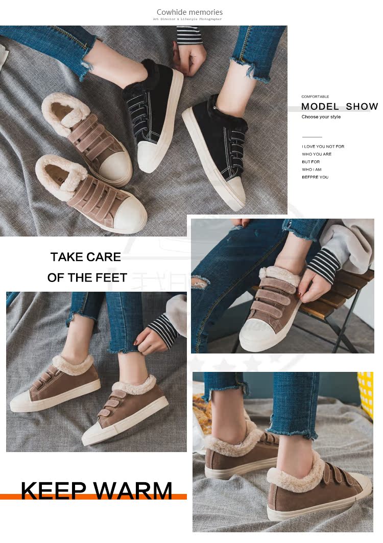 Giày cotton nữ mùa đông cộng với nhung hoang dã Sinh viên Hàn Quốc Velcro hai đôi giày cotton 2018 mới dày giày vải ấm giày sneaker