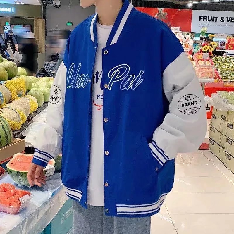 Klein Blue Baseball Jacket for Men, Spring and Autumn, American High Street Style, Trendy Men's Versatile Fleece-Lined Jacket, Stylish Letter Jacket