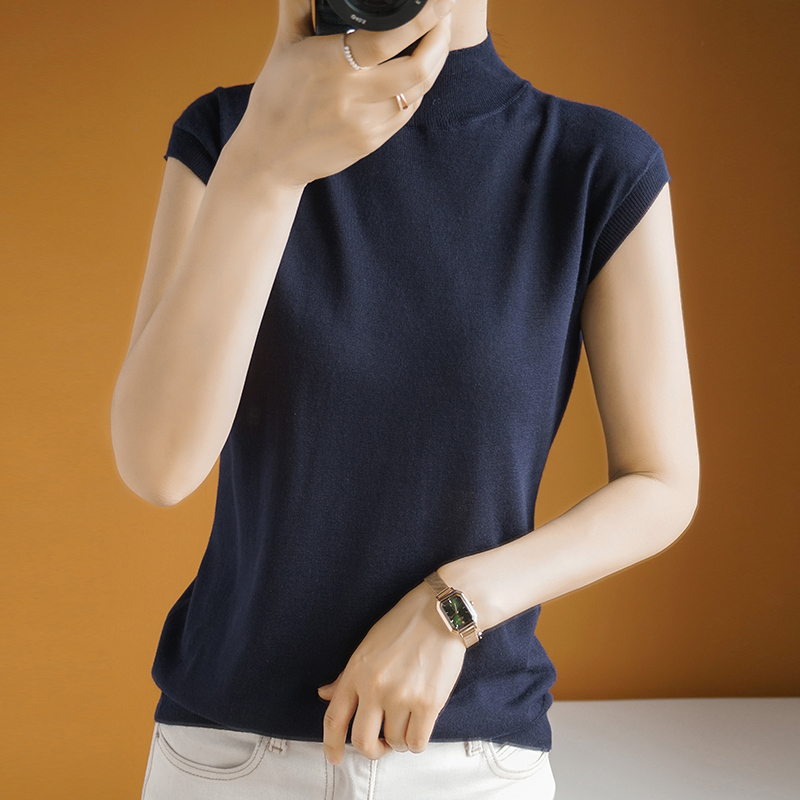 Mulberry Silk ins New Style Half-High Collar Sleeveless Elegant Top Loose Knit Casual Tencel Short-Sleeve T-Shirt for Women Simple Mulberry Silk ins New Style Half-High Collar Sleeveless Elegant Top Loose Knit Casual Tencel Short-Sleeve T-Shirt for Women Simple