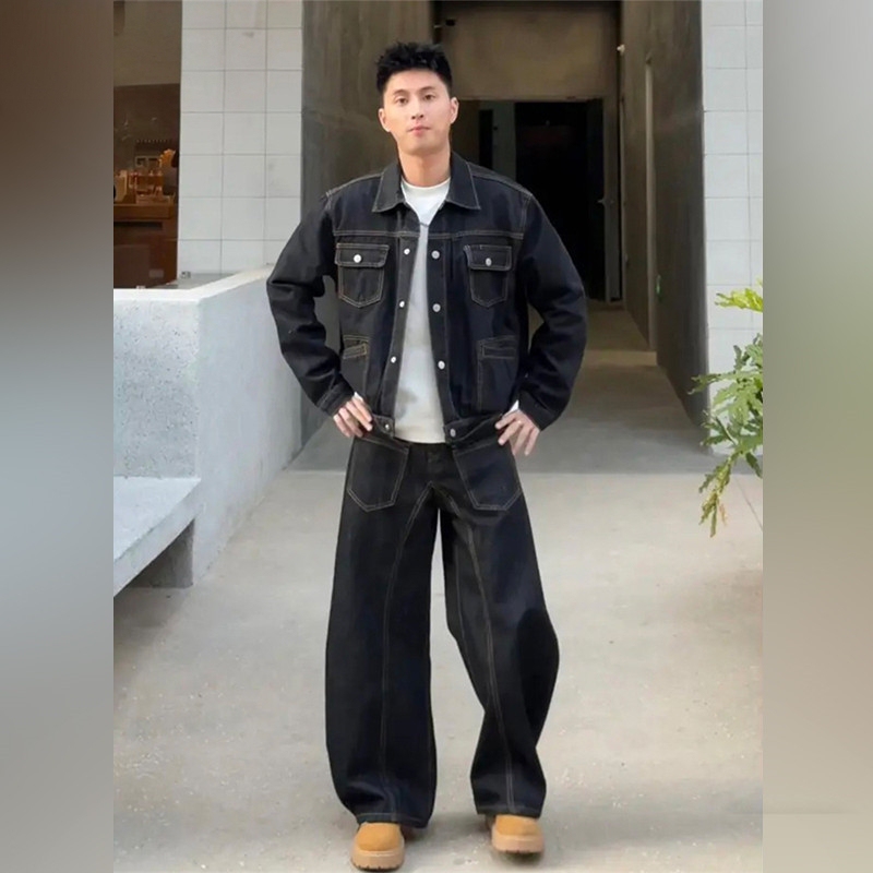 2026 Autumn American Retro Short Denim Suit Men's Straight Shoulder Jacket and Wide-Leg Pants Two-Piece Set 2026 Autumn American Retro Short Denim Suit Men's Straight Shoulder Jacket and Wide-Leg Pants Two-Piece Set