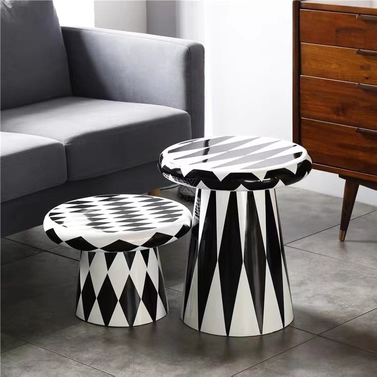 Nordic modern minimalist round tea table plated ceramic mushrooms small sides a few small living room corner few glass fiber stools