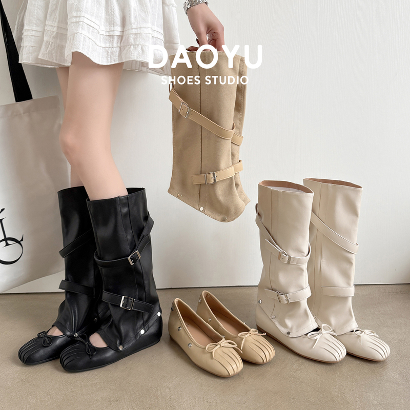Parisian Tenderness~ Cross-Strap Buckle Biker Boots, Two-Way Wear, Height-Increasing Ballet Flats, Mary Jane Genuine Leather Shoes for Women