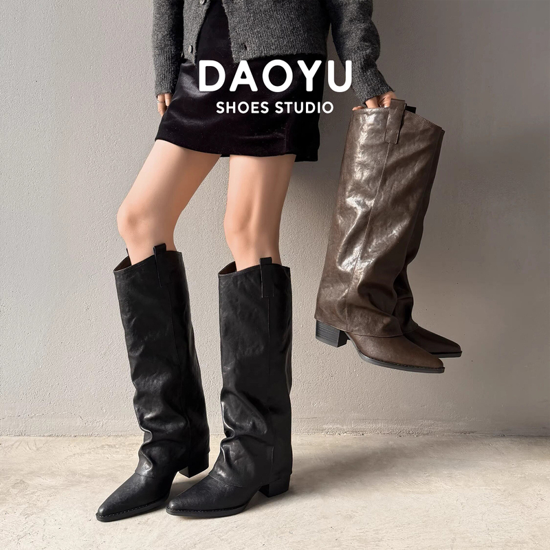 Street Style Guide~ Super Stylish! Pointed-Toe Chunky Heel Long Boots for Women, Wide-Leg Trouser Boots, Genuine Leather High-Heeled Over-The-Knee Boots
