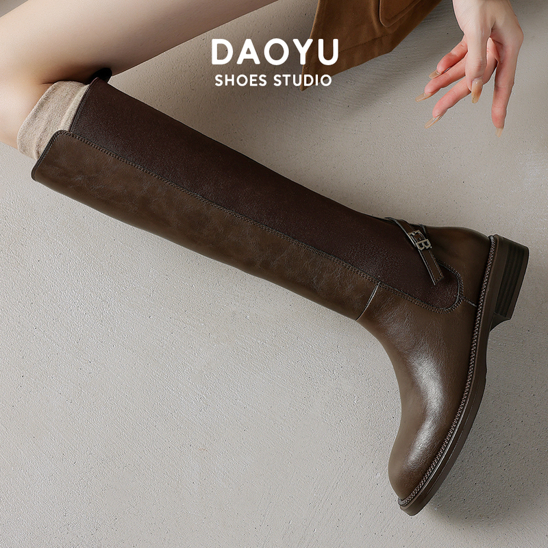 [Island] Genuine Leather French-Style Knee-High Riding Boots, New Melard Thin-Soled Flat High Boots